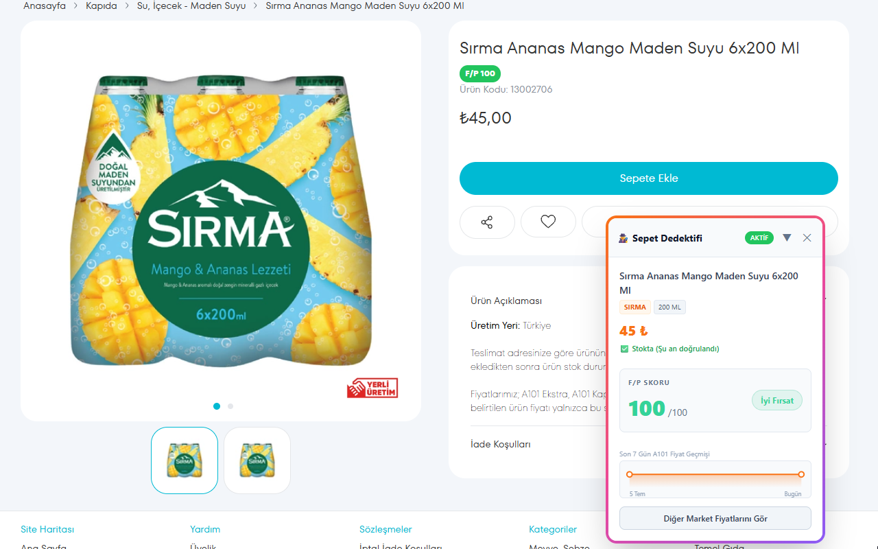 Sepet Dedektifi ürün fiyat geçmişi ve market karşılaştırma ekranı